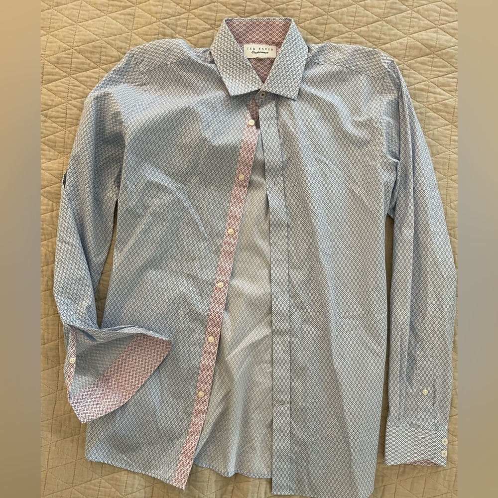 TED BAKER Endurance Print Contrast Placket Sport Shirt in Blue Size 14.5 $165 - Picture 2 of 8